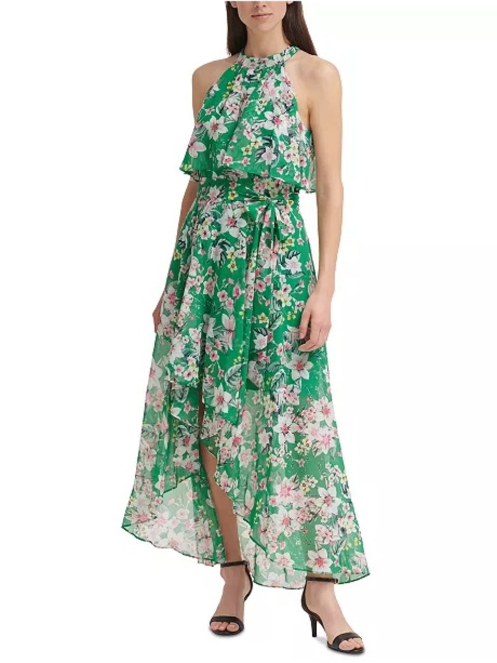 Eliza J 8 Green Pink Floral Chiffon High-Low Summer Cottagecore High-Low Dress